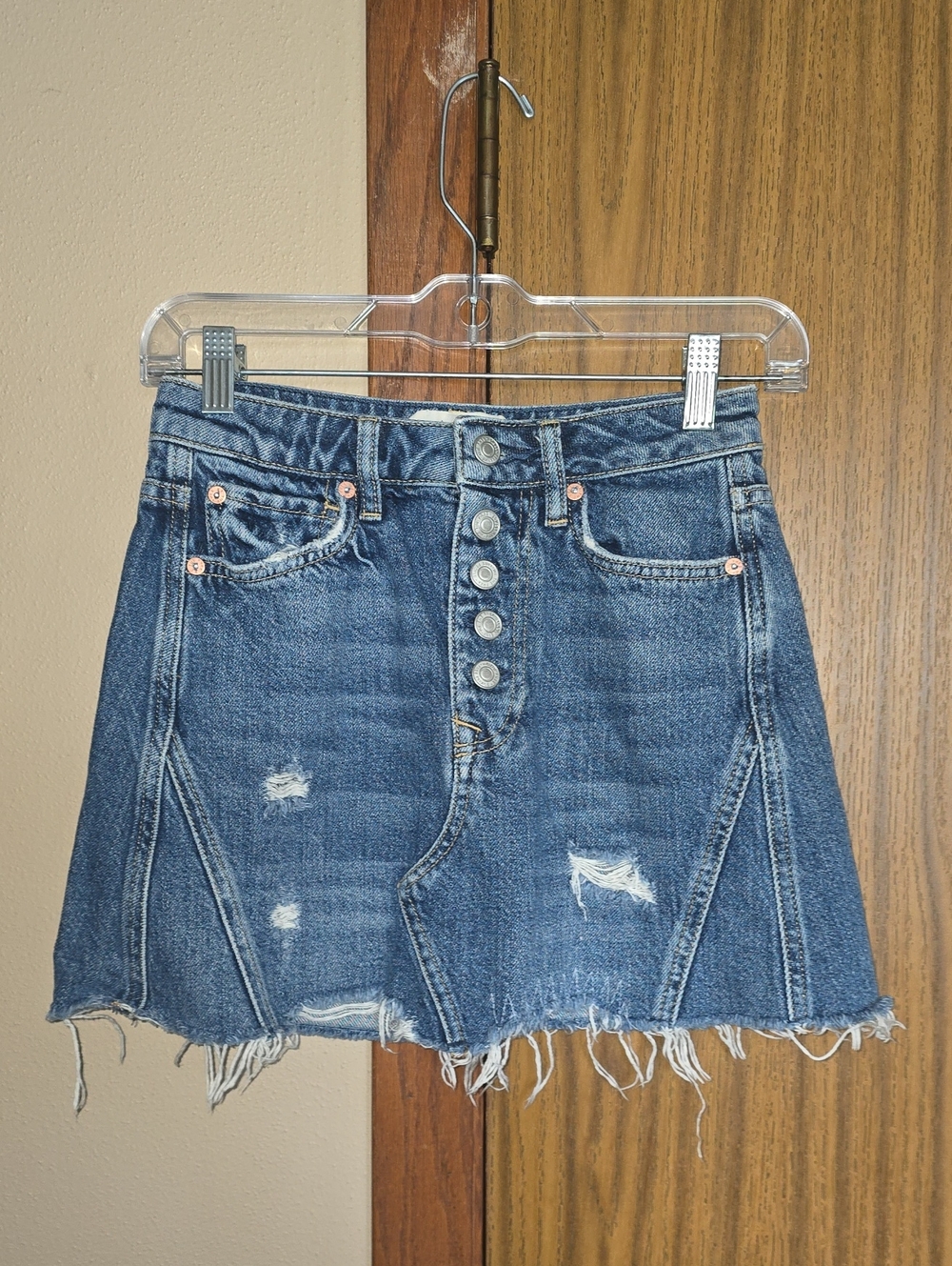 We The Free Distressed Blue Denim Mini Skirt